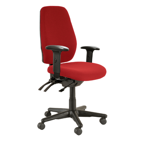 Aura Ergo Plus task chair with nylon base and castors and red fabric with arms
