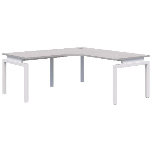 Fixed height Balance corner workstation desk with white frame and silver strata top.