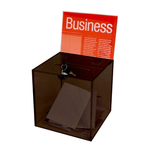 Ballot box in smoke coloured plastic with key and sign holder
