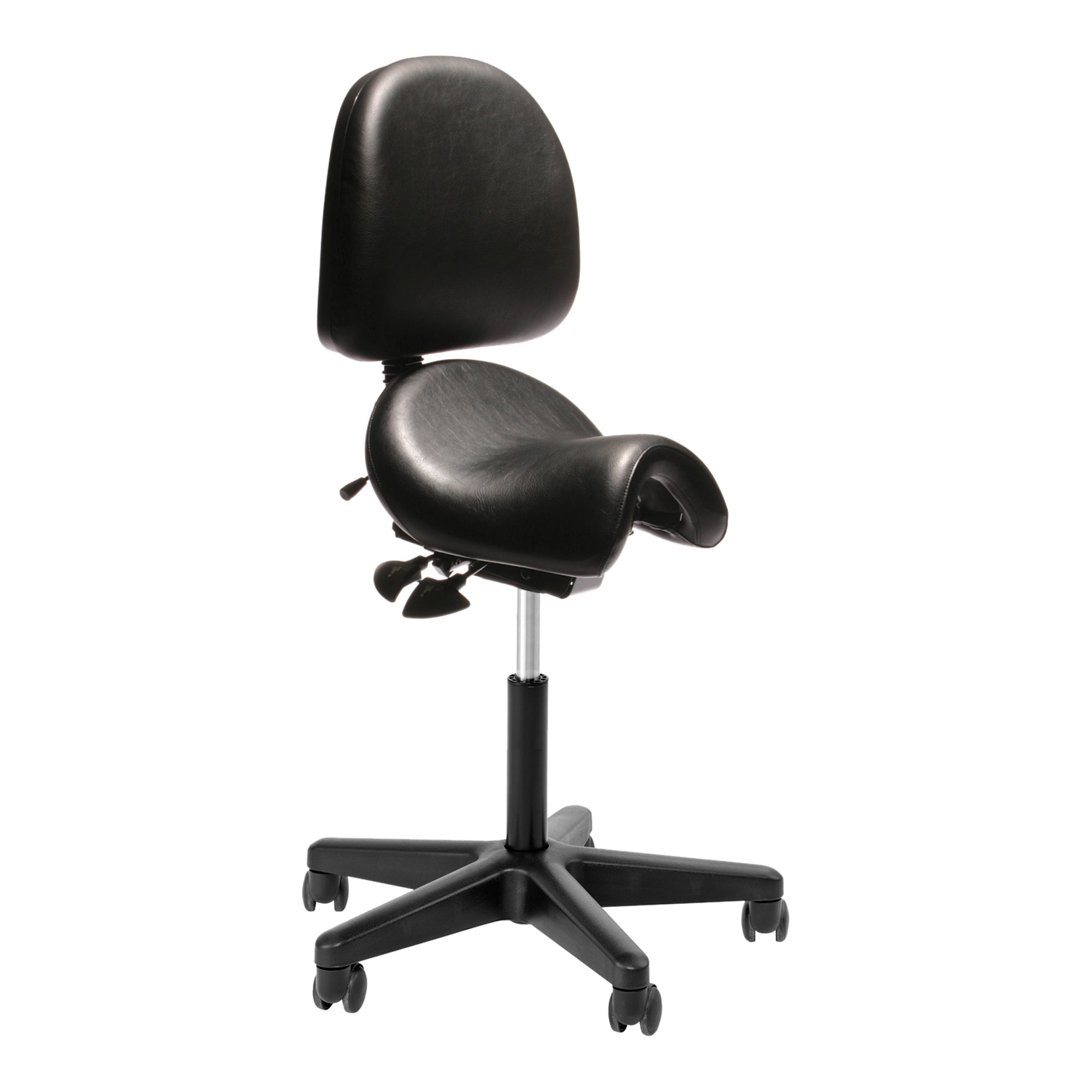 Saddle seat chair with backrest in black vinyl