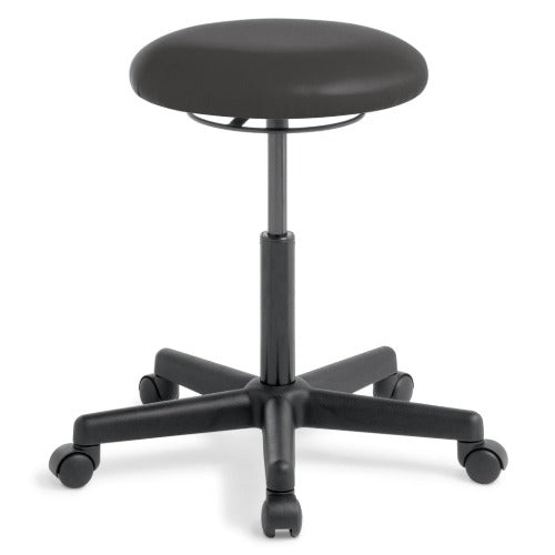 Button height adjustable stool with black vinyl seat and black swivel starbase and castors