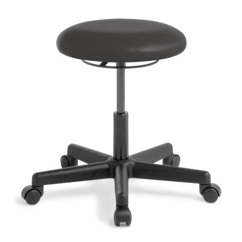 Button height adjustable stool with black vinyl seat and black swivel starbase and castors