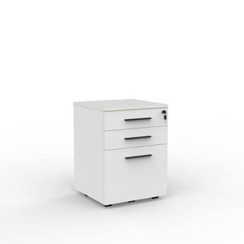 Cubit mobile with 2 stationery drawers and 1 file drawer in white with black handles
