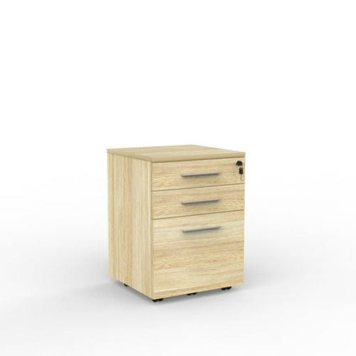 Cubit mobile with 2 stationery drawers and 1 file drawer in atlantic oak with silver handles