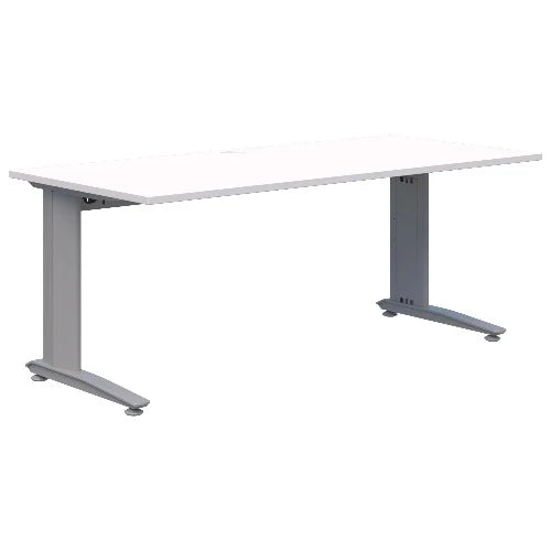 Energy fixed height office desk with silver frame and snow velvet white top.