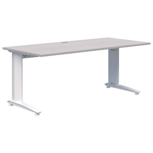 Energy fixed height office desk with white frame and silver strata top.