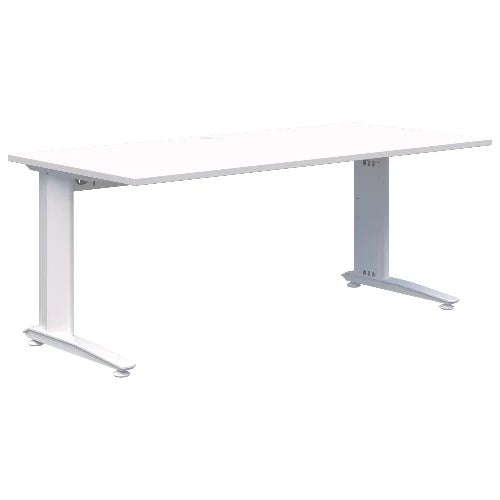 Energy fixed height office desk with white frame and snow velvet white top.