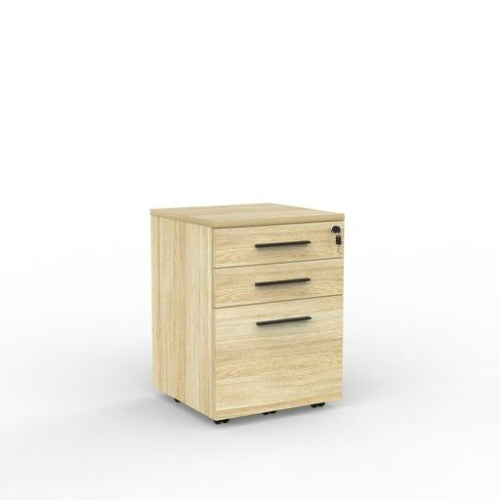 Cubit mobile with 2 stationery drawers and 1 file drawer in atlantic oak with black handles