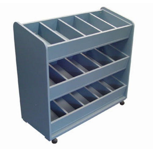 Mobile storage unit with three tiers of cubby's in colour melteca