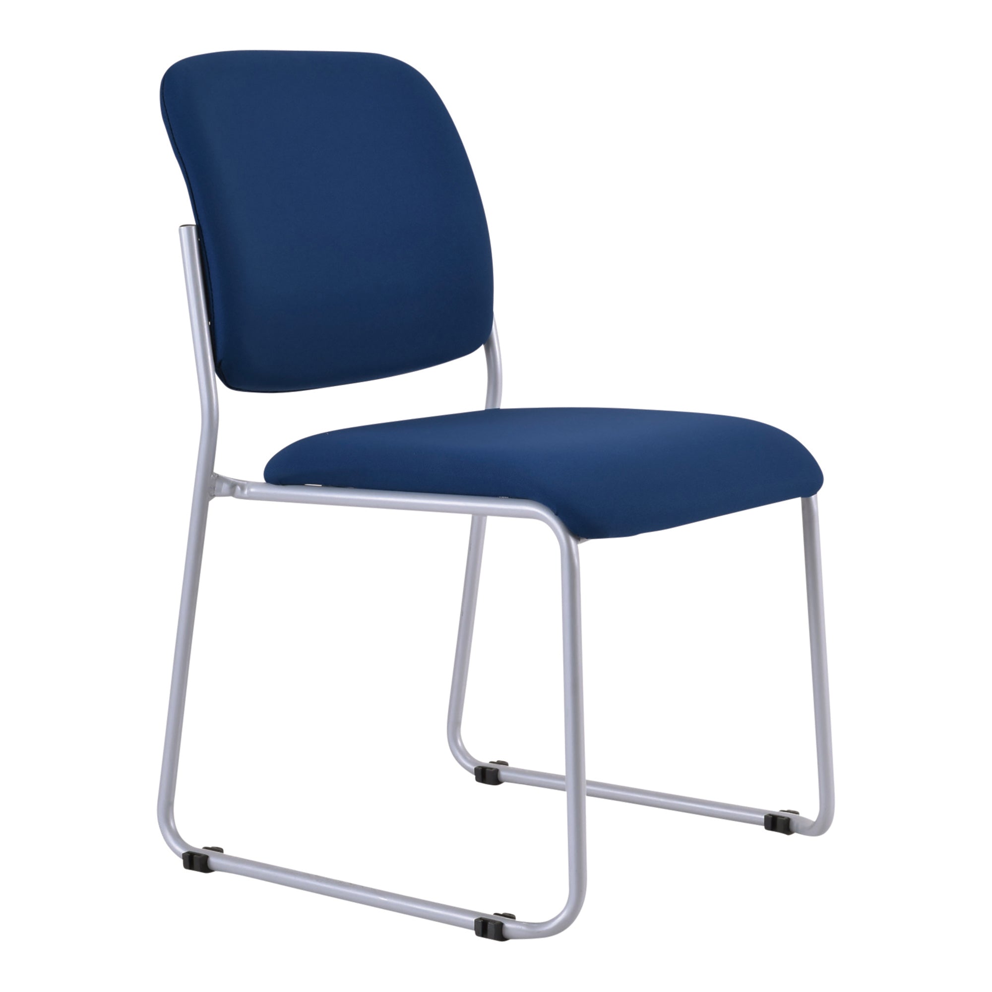 Mario stackable chair with blue fabric back and seat and steel skid base frame