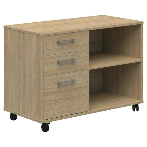 Mascot mobile caddy in Classic Oak with 2 tier open shelves to the right and 2 stationery drawers and 1 file draw to the left. On black castors.