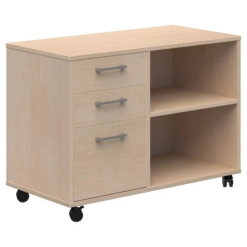 Mascot mobile caddy in refined oak with 2 tier open shelves to the right and 2 stationery drawers and 1 file draw to the left. On black castors.