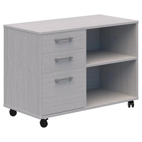 Mascot mobile caddy in Silver Strata with 2 tier open shelves to the right and 2 stationery drawers and 1 file draw to the left. On black castors.