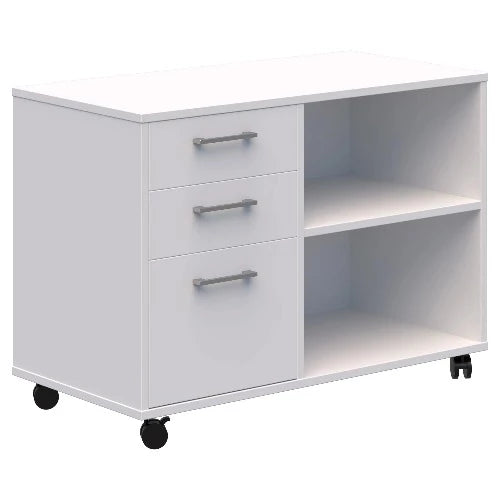 Mascot mobile caddy in White with 2 tier open shelves to the right and 2 stationery drawers and 1 file draw to the left. On black castors.