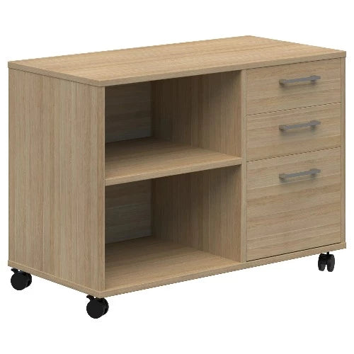 Mascot mobile caddy in Classic Oak with 2 tier open shelves to the left and 2 stationery drawers and 1 file draw to the right. On black castors.