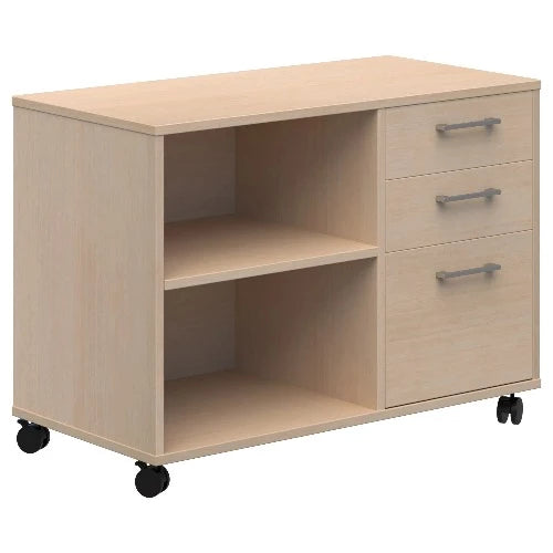 Mascot mobile caddy in refined oak with 2 tier open shelves to the left and 2 stationery drawers and 1 file draw to the right. On black castors.