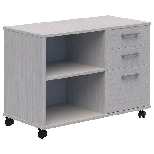 Mascot mobile caddy in Silver Strata with 2 tier open shelves to the left and 2 stationery drawers and 1 file draw to the right. On black castors.