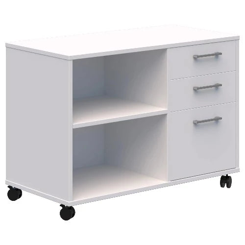 Mascot mobile caddy in White with 2 tier open shelves to the left and 2 stationery drawers and 1 file draw to the right. On black castors.