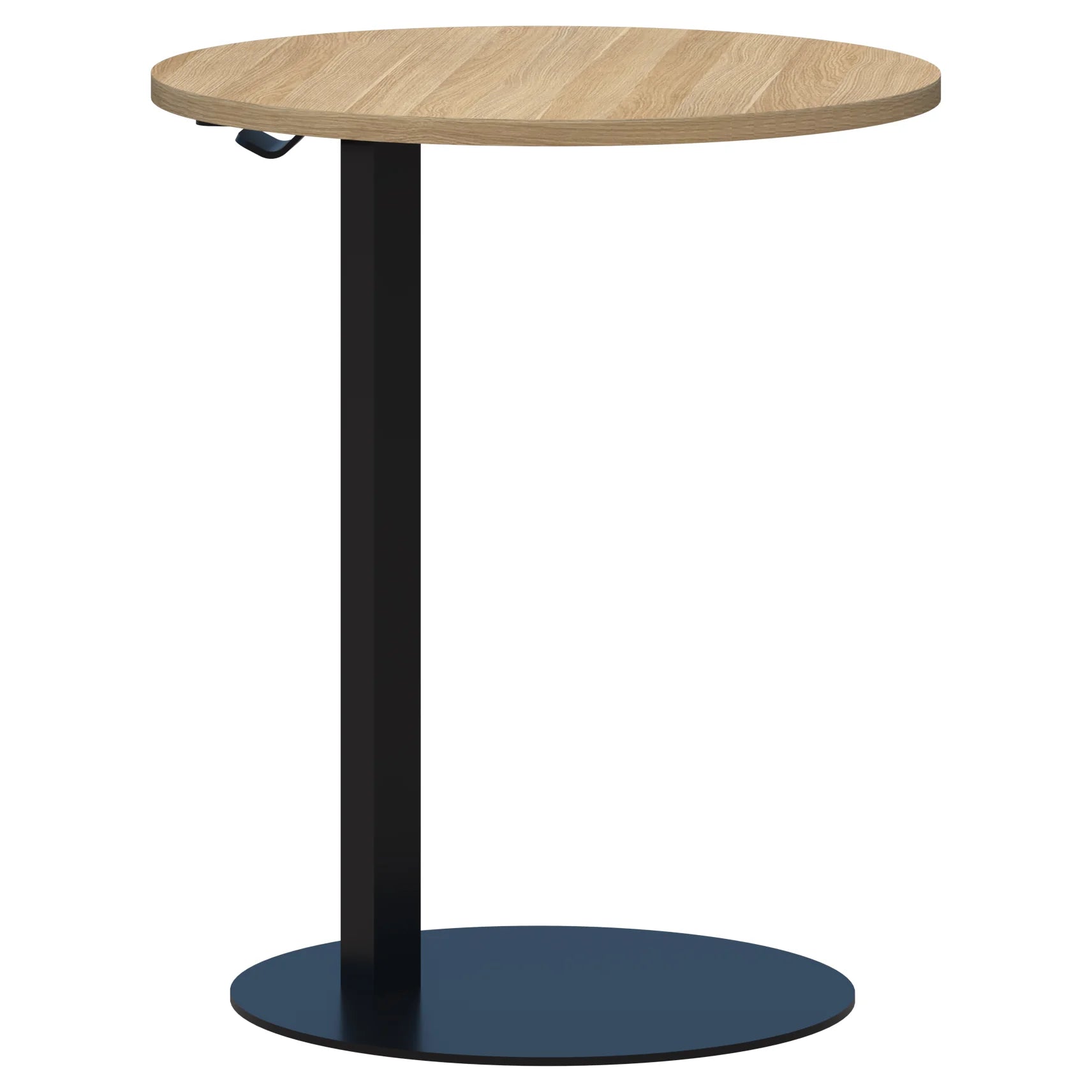 Memo laptop table with round top in classic oak and black pedestal base.