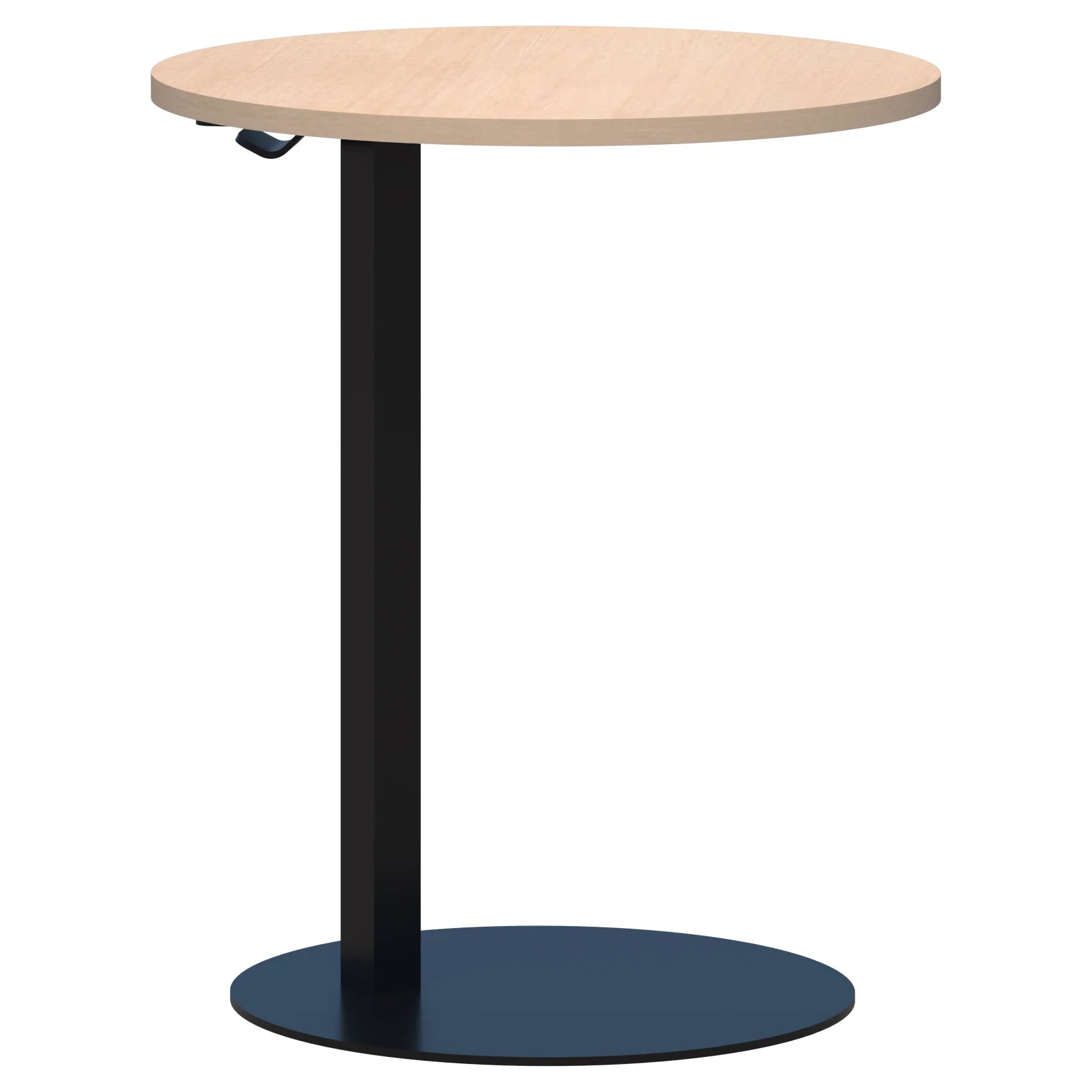 Memo laptop table with round top in refined oak and black pedestal base.