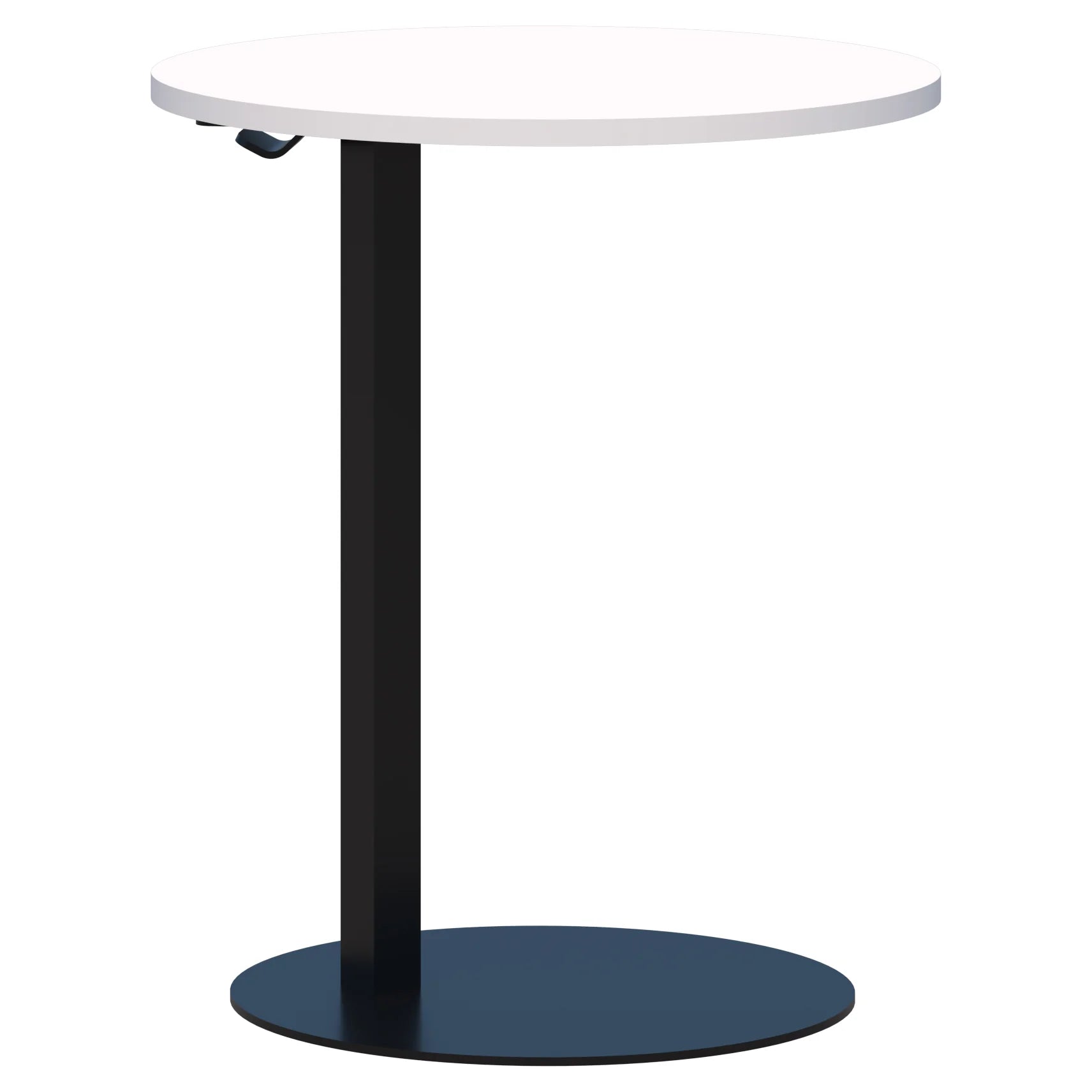 Memo laptop table with round top in snow velvet white and black pedestal base.
