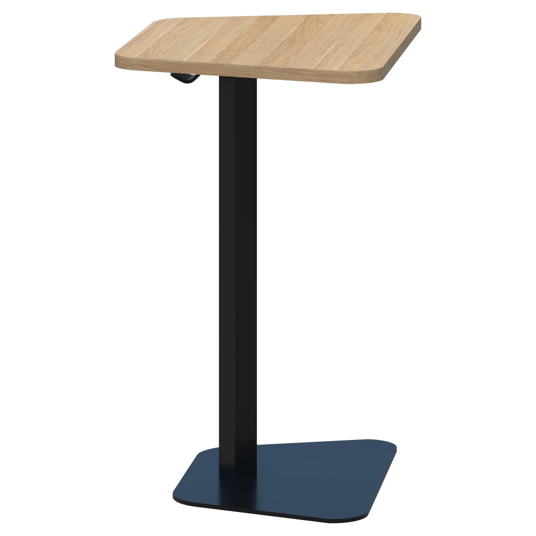 Memo laptop table with trapezium shaped top in classic oak and black pedestal base.