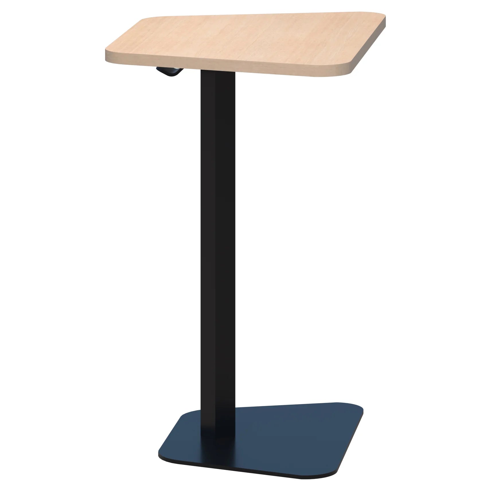 Memo laptop table with trapezium shaped top in refined oak and black pedestal base.