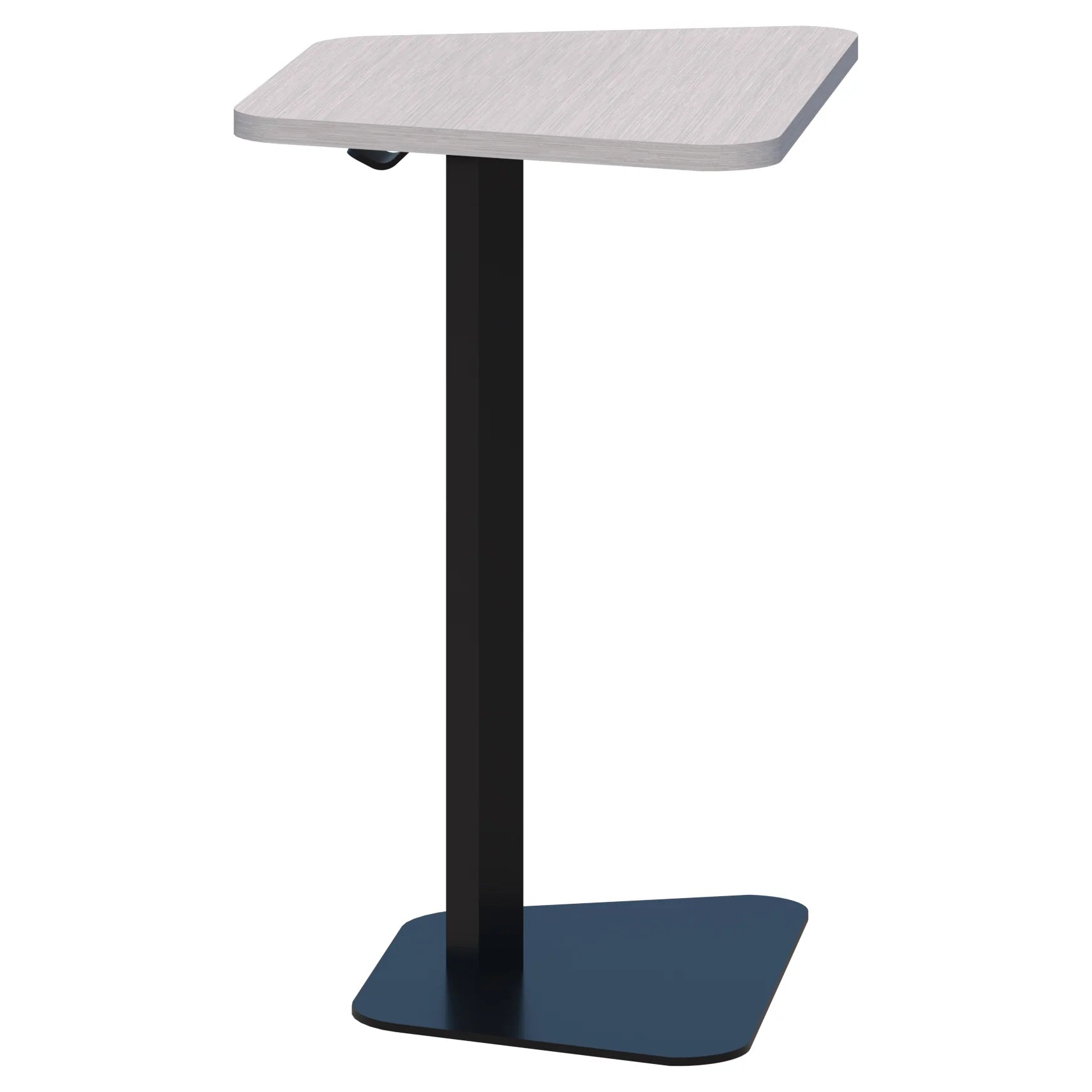 Memo laptop table with trapezium shaped top in silver strata and black pedestal base.