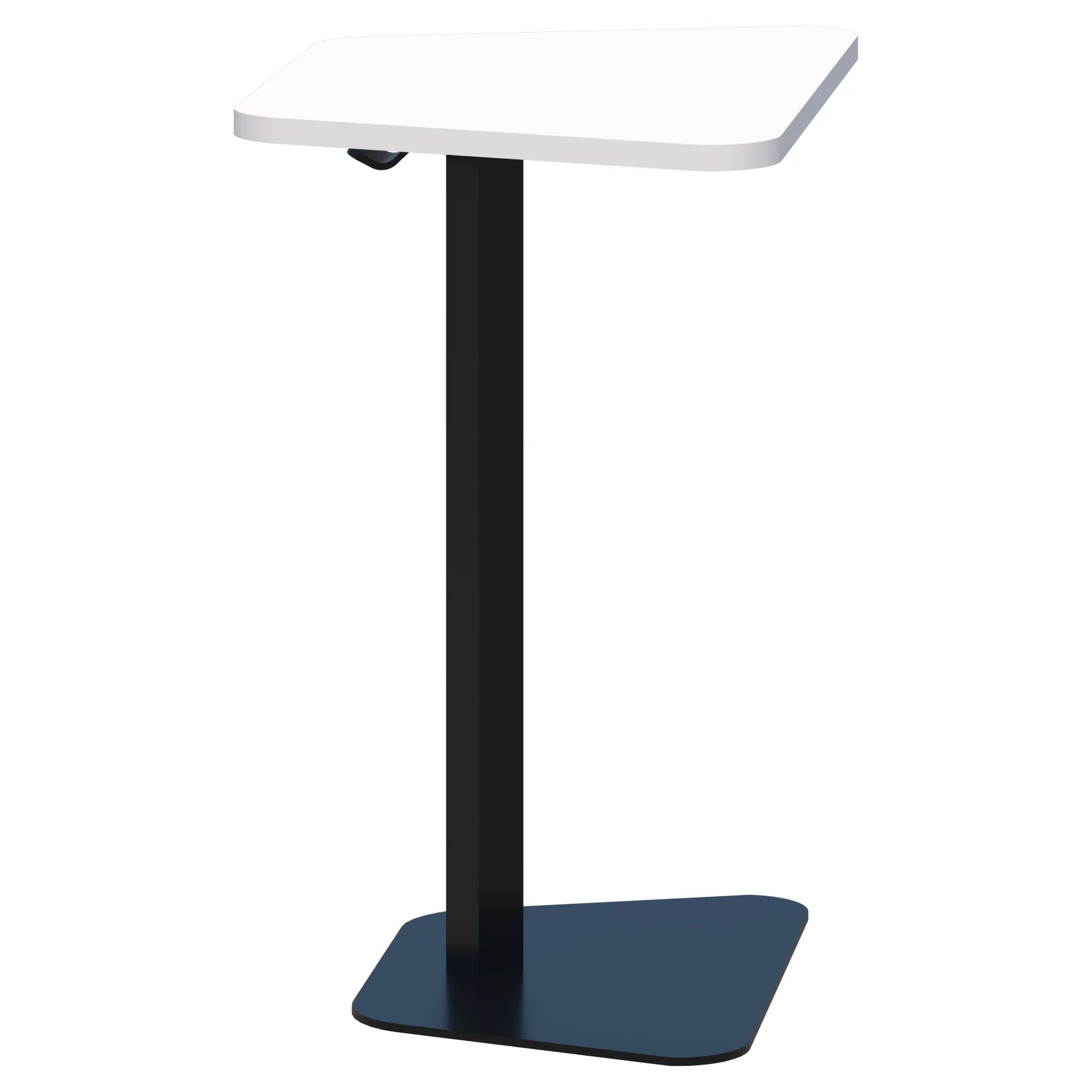 Memo laptop table with trapezium shaped top in snow velvet white and black pedestal base.