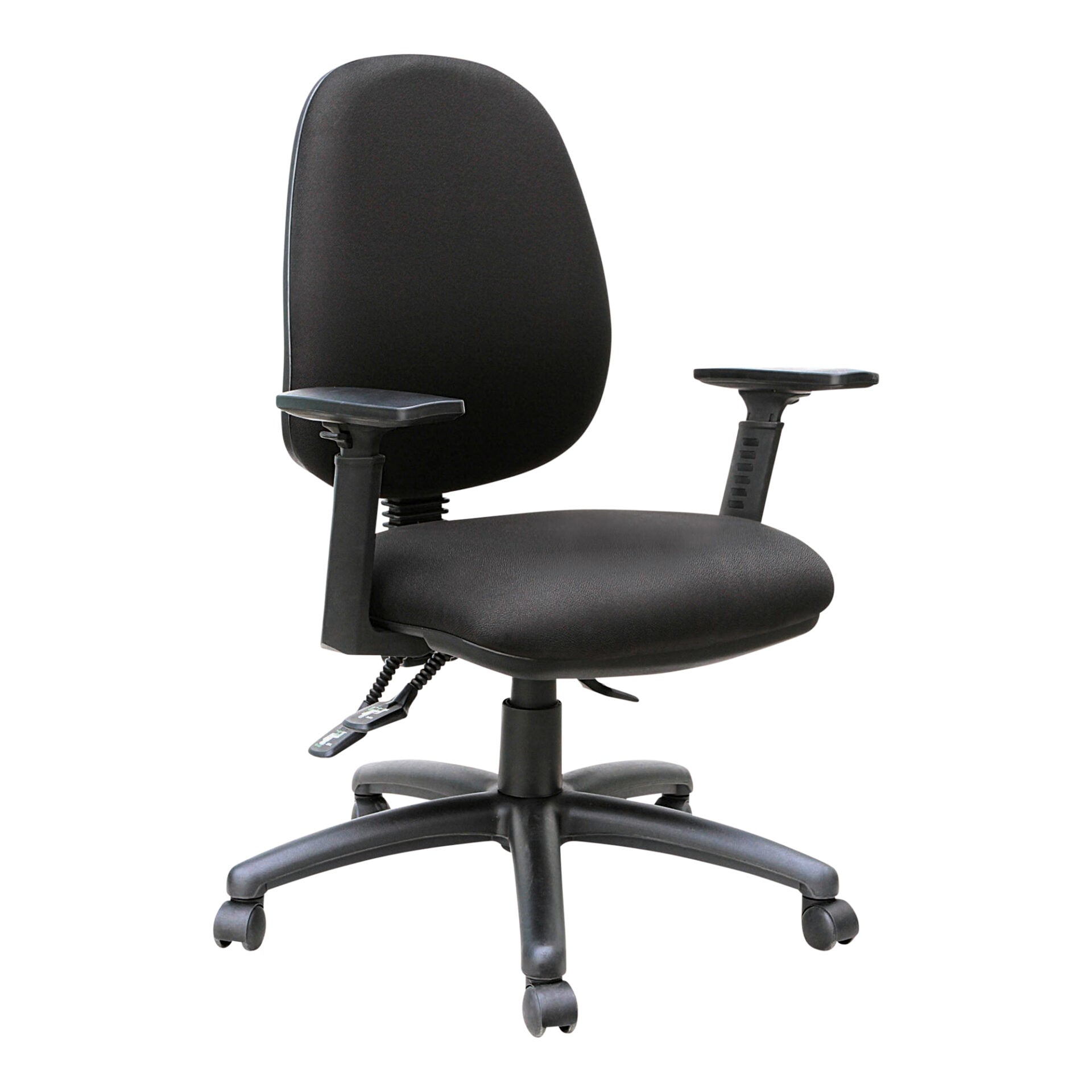 Mondo Java high-back task chair in black, front view, with height adjustable arms.