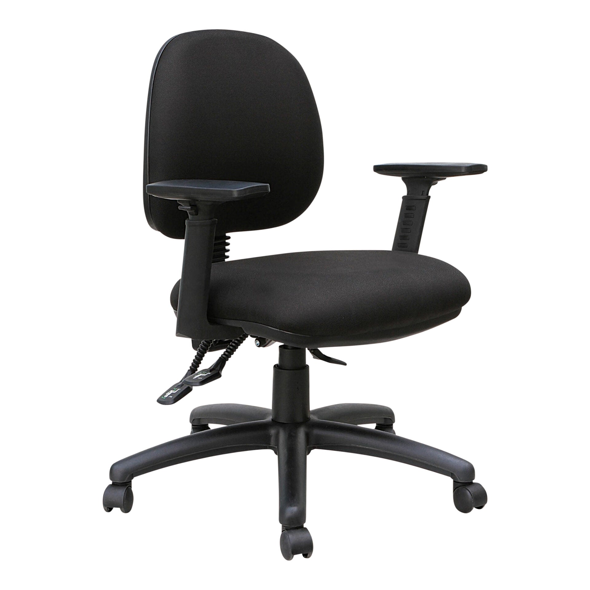 Mondo Java mid-back task chair in black, front view, with height adjustable arms.