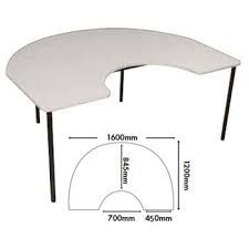 moon-shaped whiteboard table with white top and black legs, and dimensions sketch at bottom of image