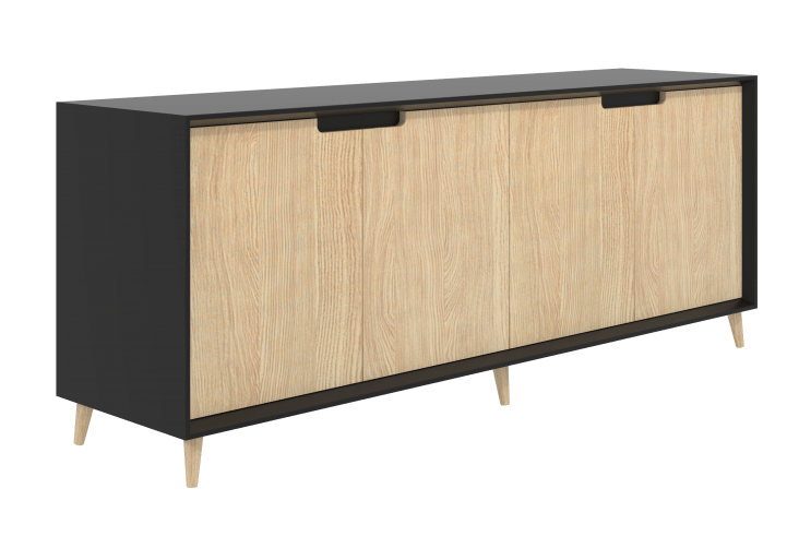 Oslo Cabinet with black pearl body and two refined oak doors and feet.