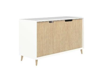 Oslo Cabinet with snowdrift white body and two refined oak doors and feet.