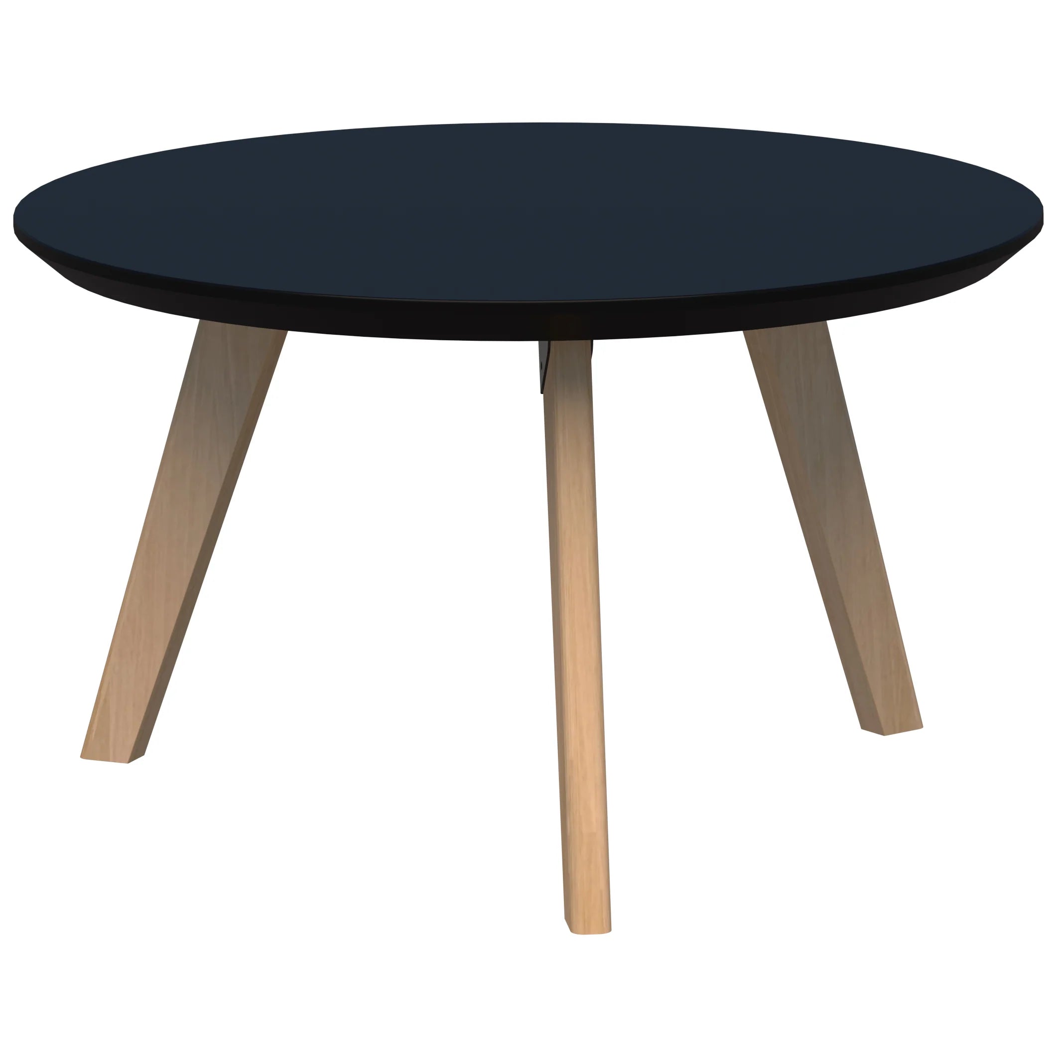 Oslo round coffee table with ash timber frame and black velvet soft matt top.