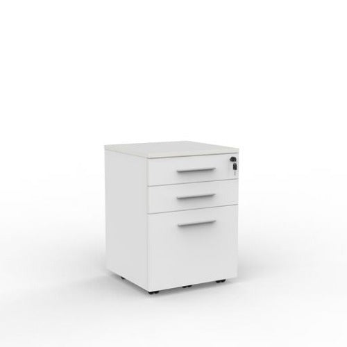 Cubit mobile with 2 stationery drawers and 1 file drawer in white with silver handles