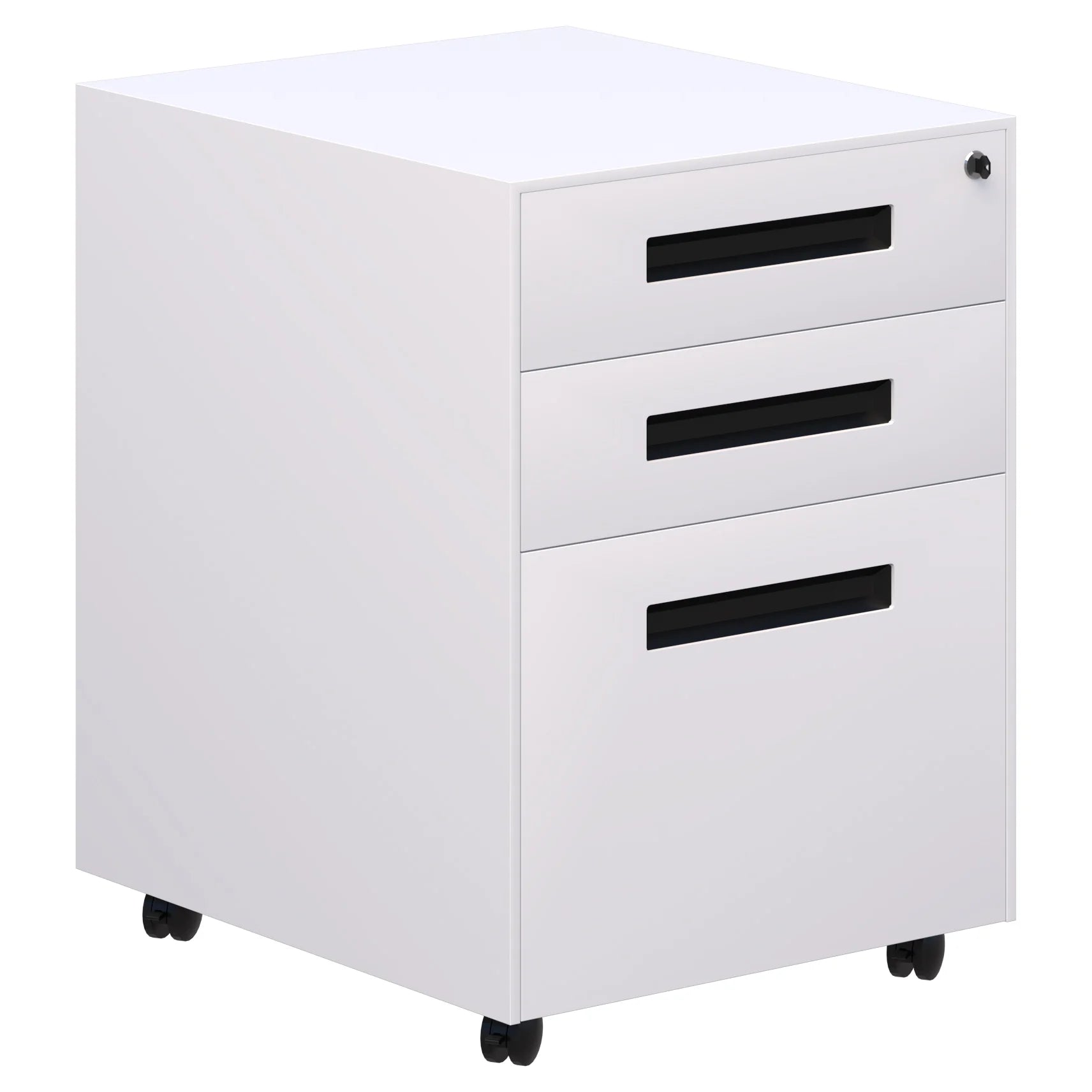 Lockable Spectrum metal mobile with two stationery drawers and 1 file draw in white with black handles.