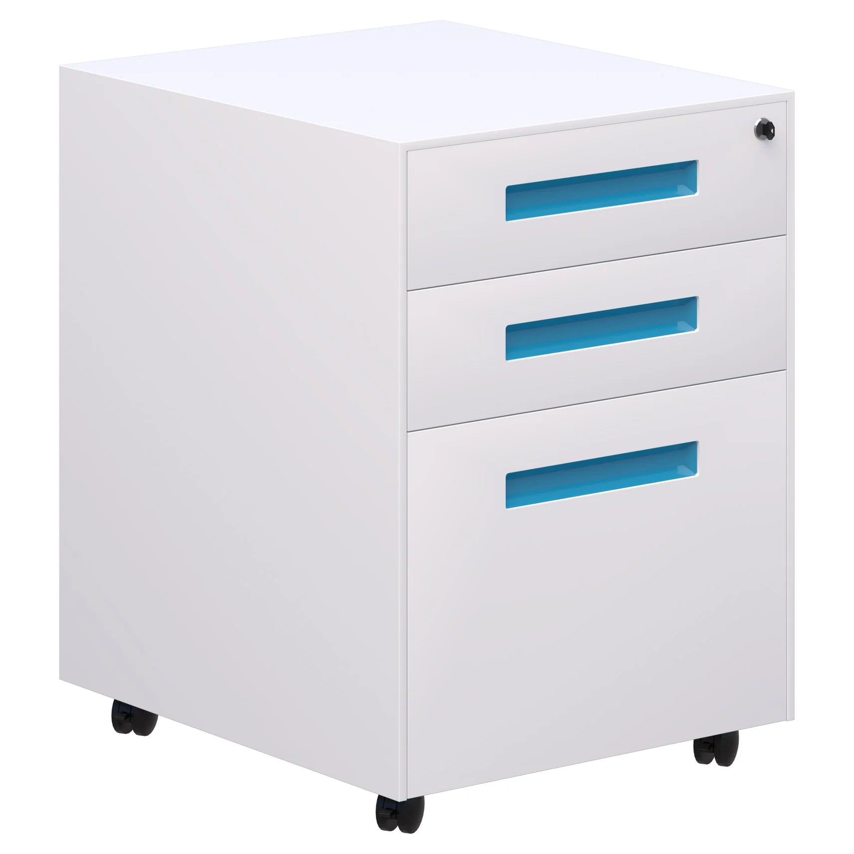 Lockable Spectrum metal mobile with two stationery drawers and 1 file draw in white with blue handles.