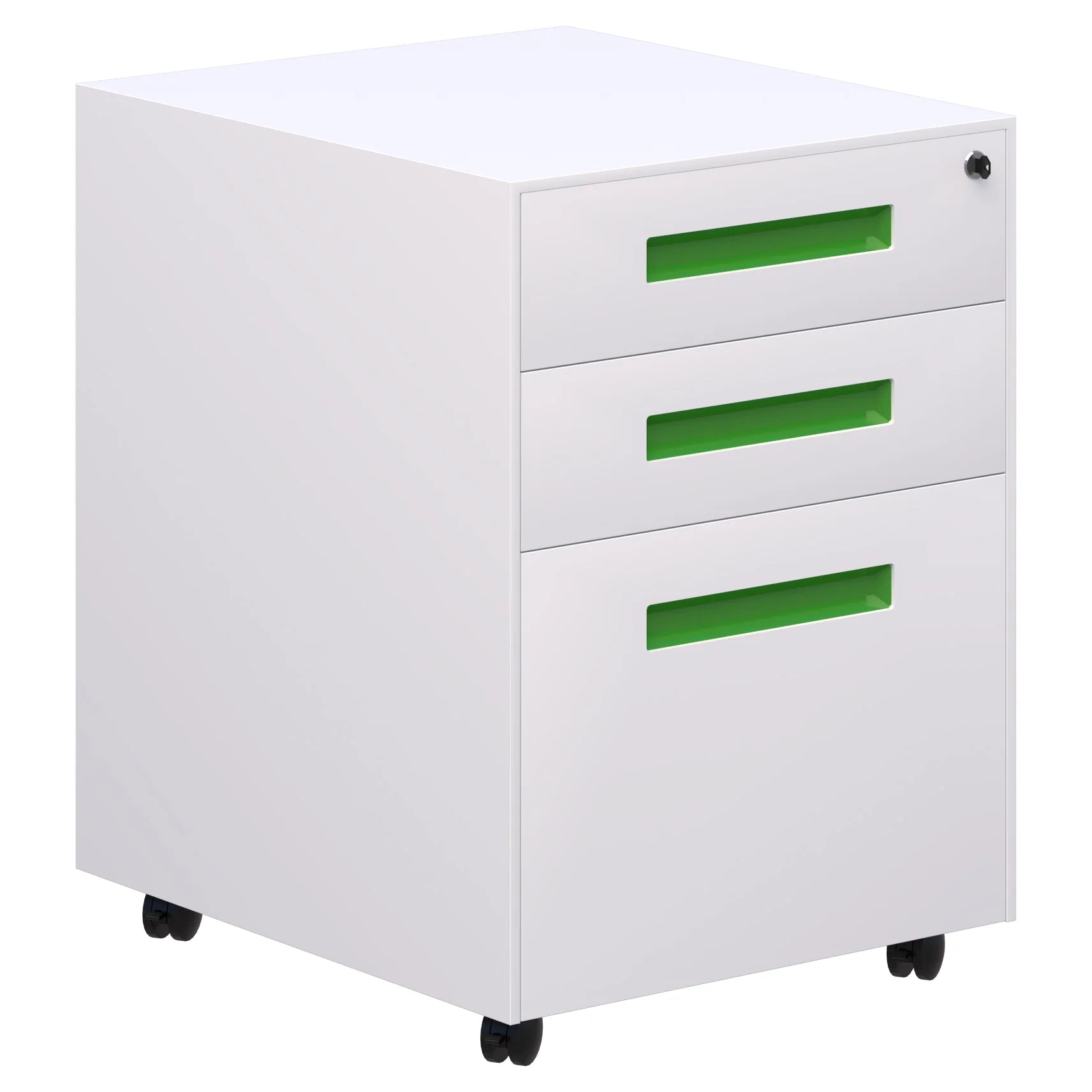 Lockable Spectrum metal mobile with two stationery drawers and 1 file draw in white with green handles.