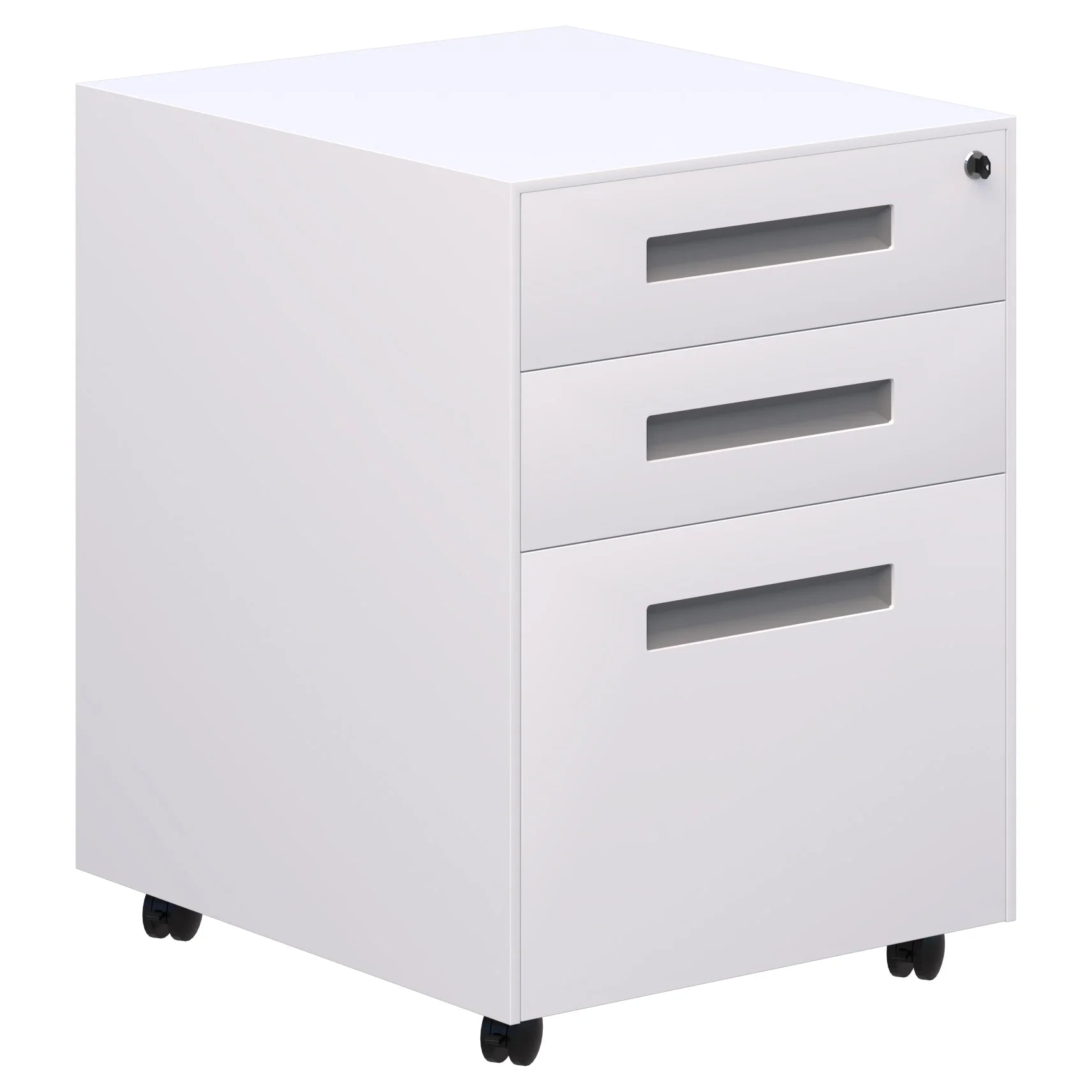 Lockable Spectrum metal mobile with two stationery drawers and 1 file draw in white with grey handles.
