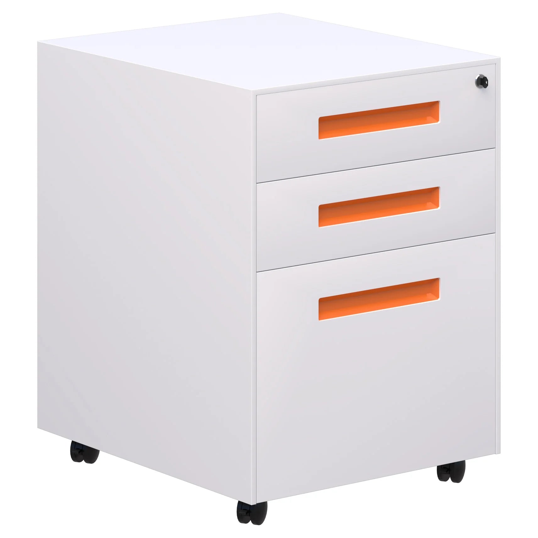 Lockable Spectrum metal mobile with two stationery drawers and 1 file draw in white with orange handles.