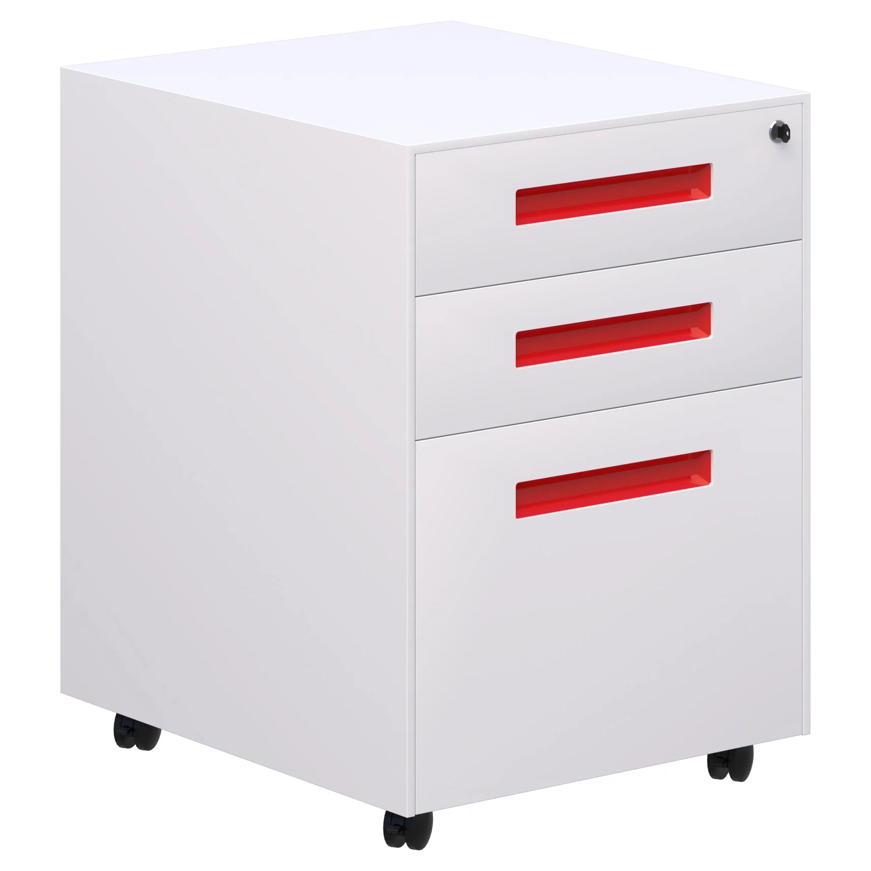 Lockable Spectrum metal mobile with two stationery drawers and 1 file draw in white with red handles.