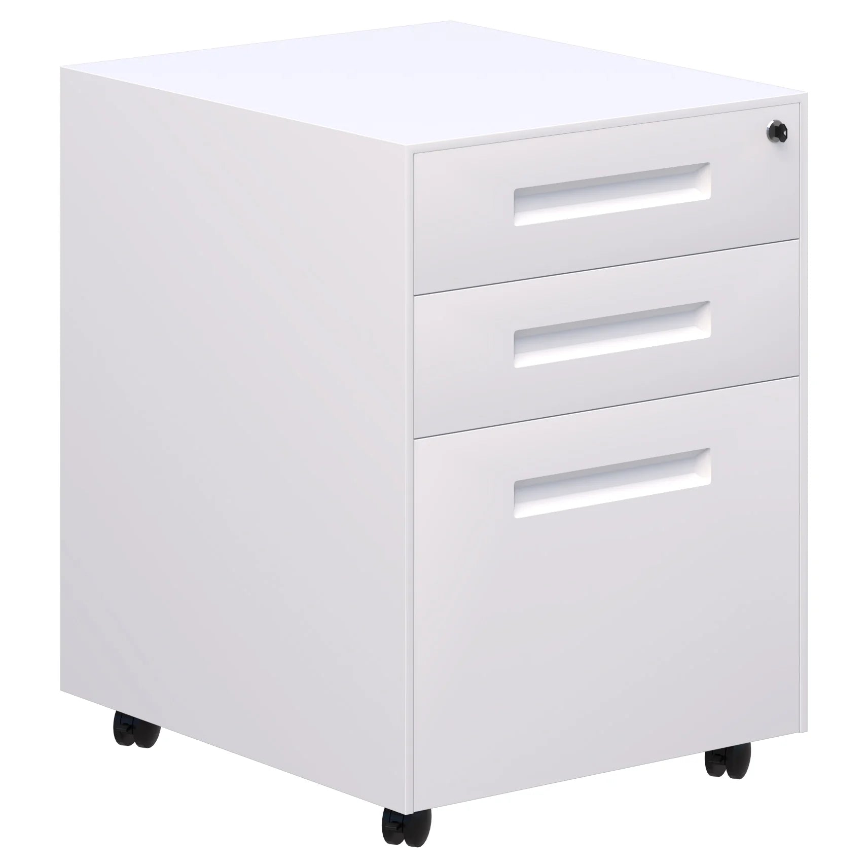 Lockable Spectrum metal mobile with two stationery drawers and 1 file draw in white with white handles.
