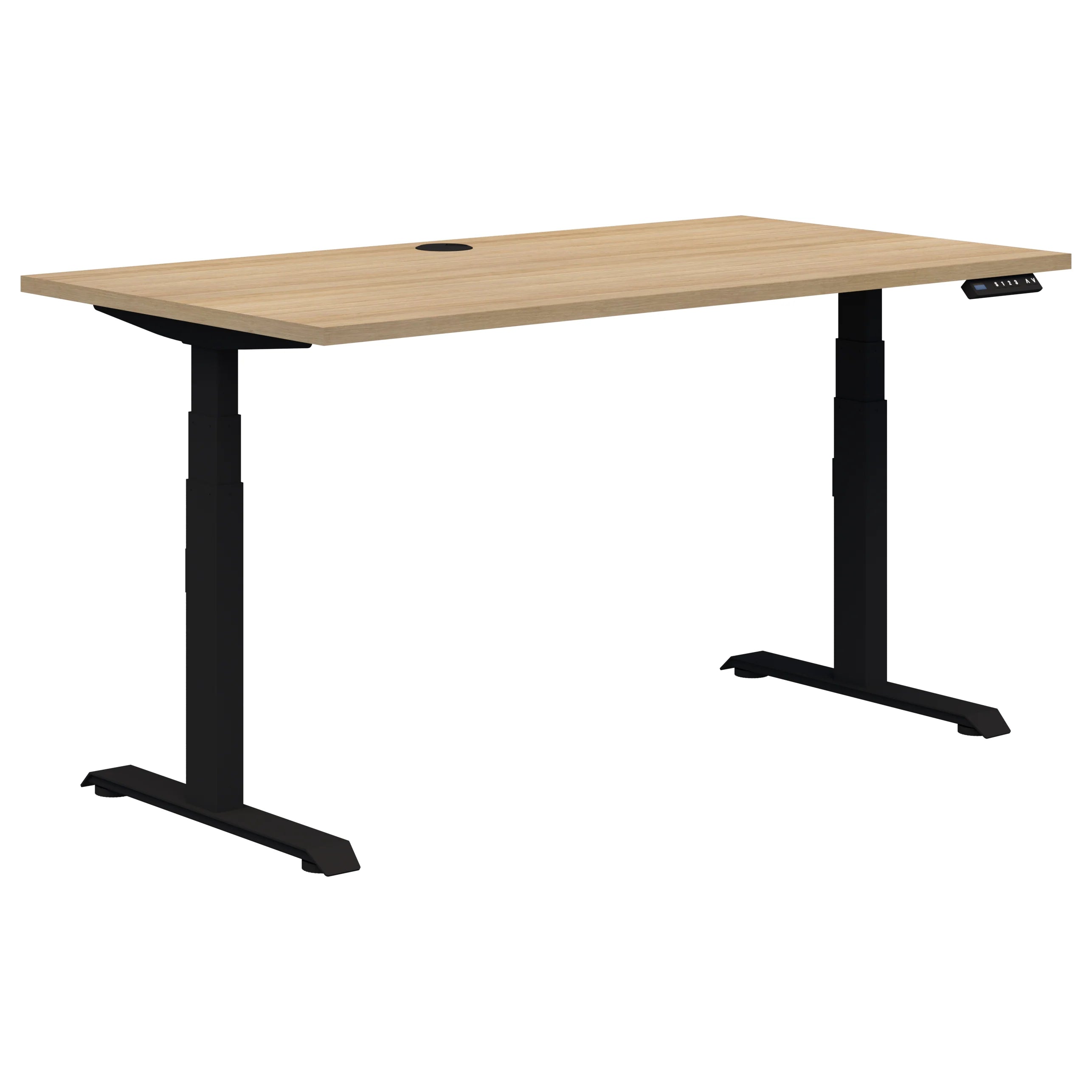 Summit electric height adjustable office desk with black frame and classic oak top.