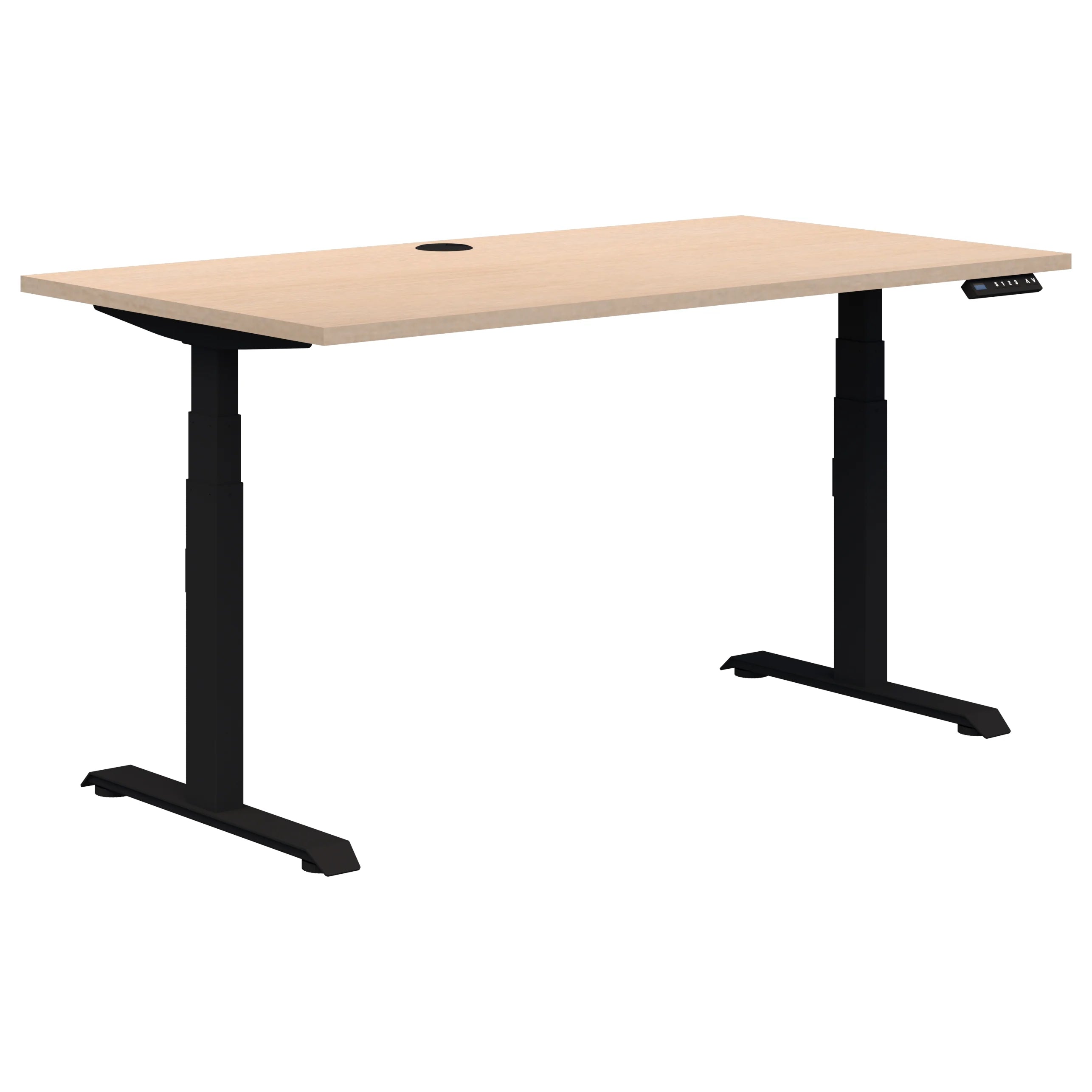 Summit electric height adjustable office desk with black frame and refined oak top.