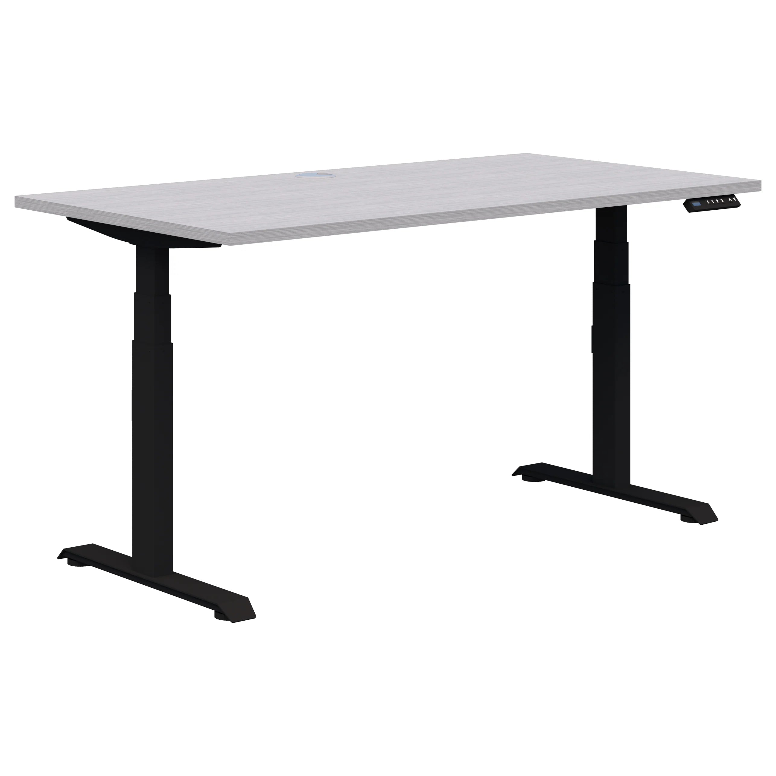 Summit electric height adjustable office desk with black frame and silver strata top.