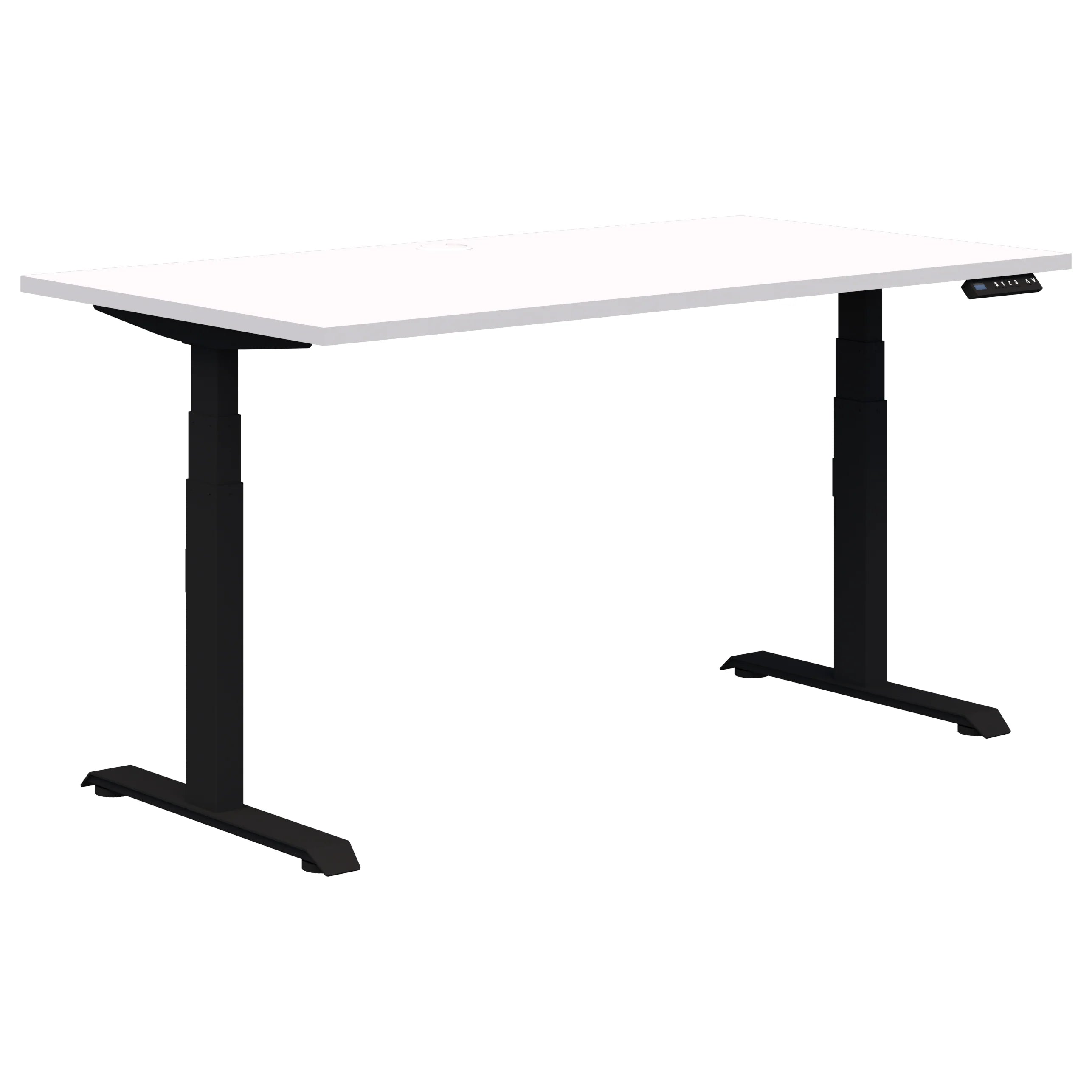 Summit electric height adjustable office desk with black frame and snow velvet white top.