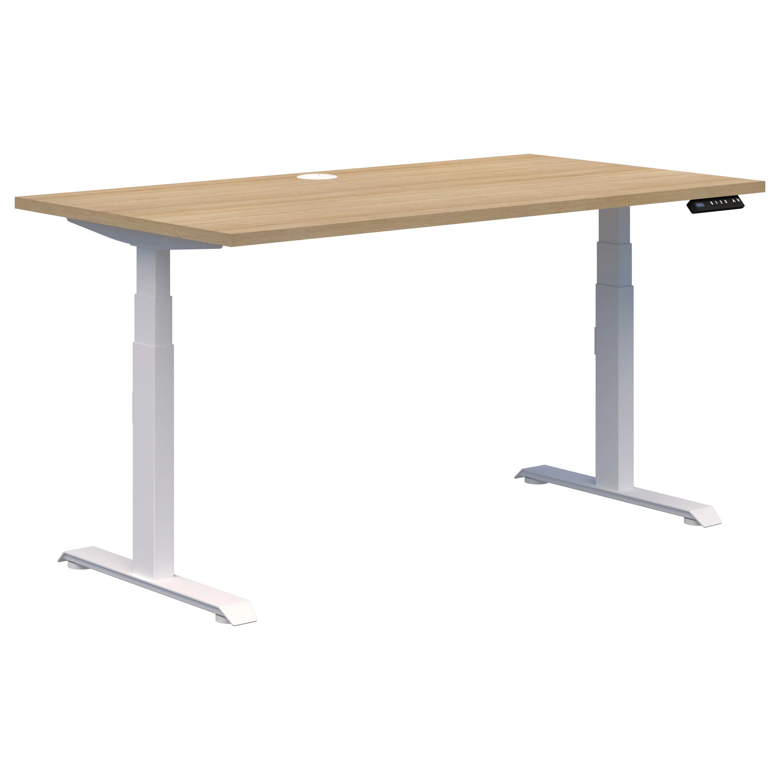 Summit electric height adjustable office desk with white frame and classic oak top.