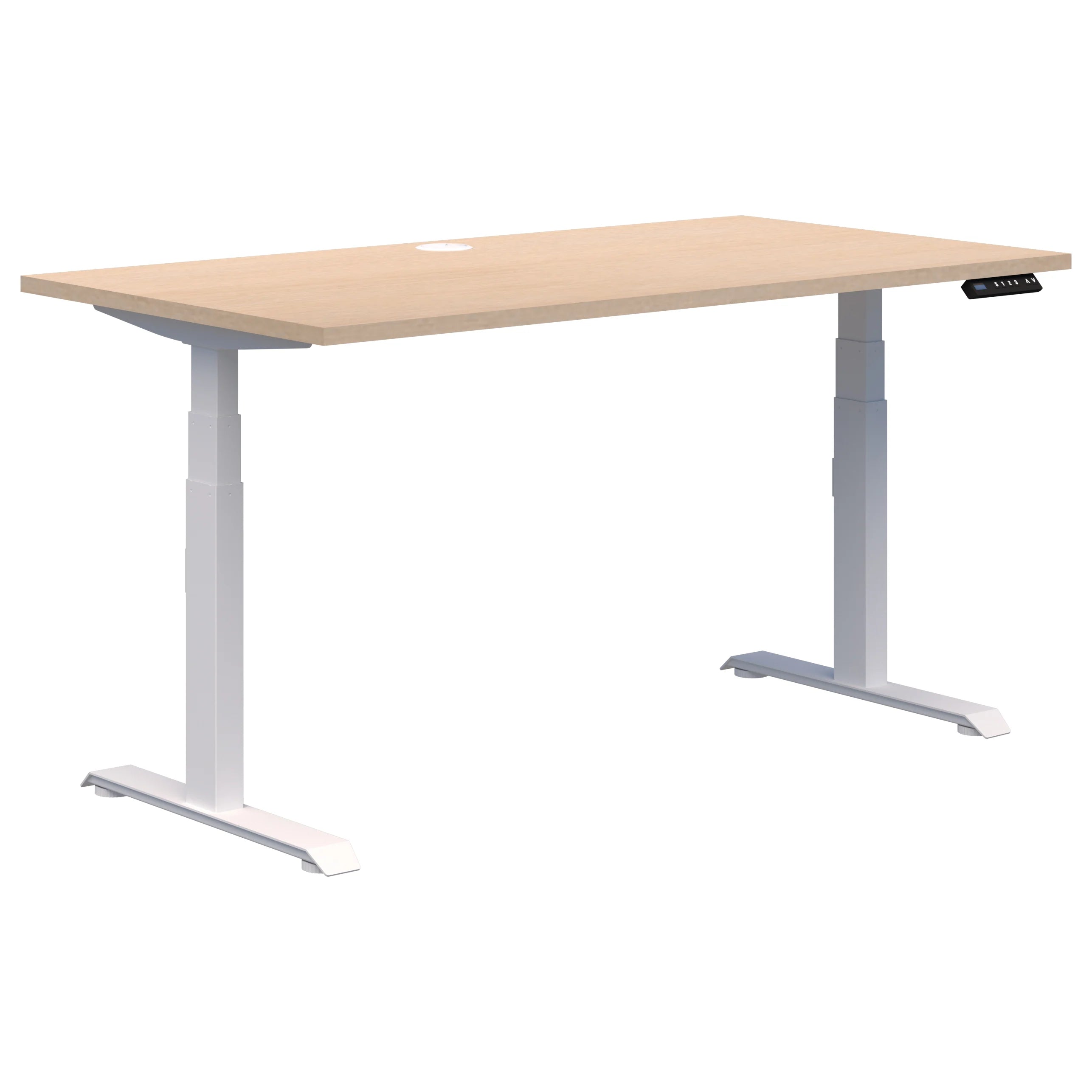 Summit electric height adjustable office desk with white frame and refined oak top.