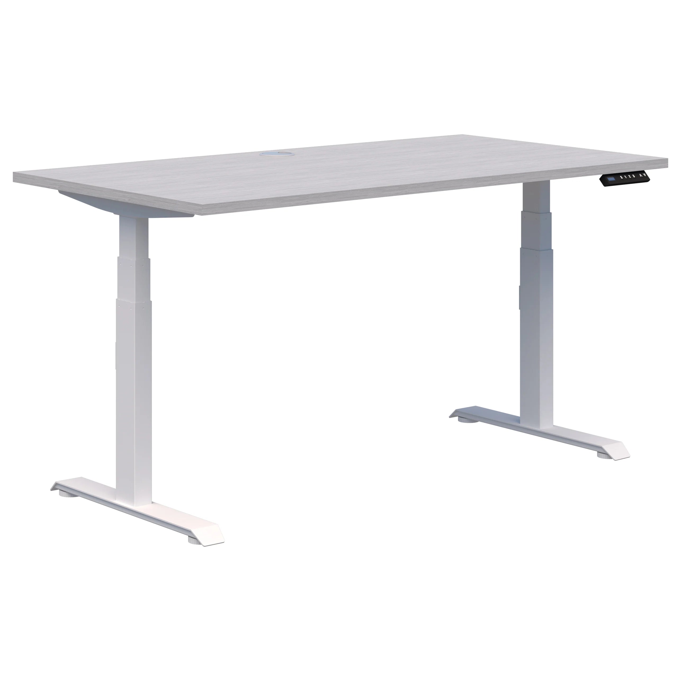 Summit electric height adjustable office desk with white frame and silver strata top.